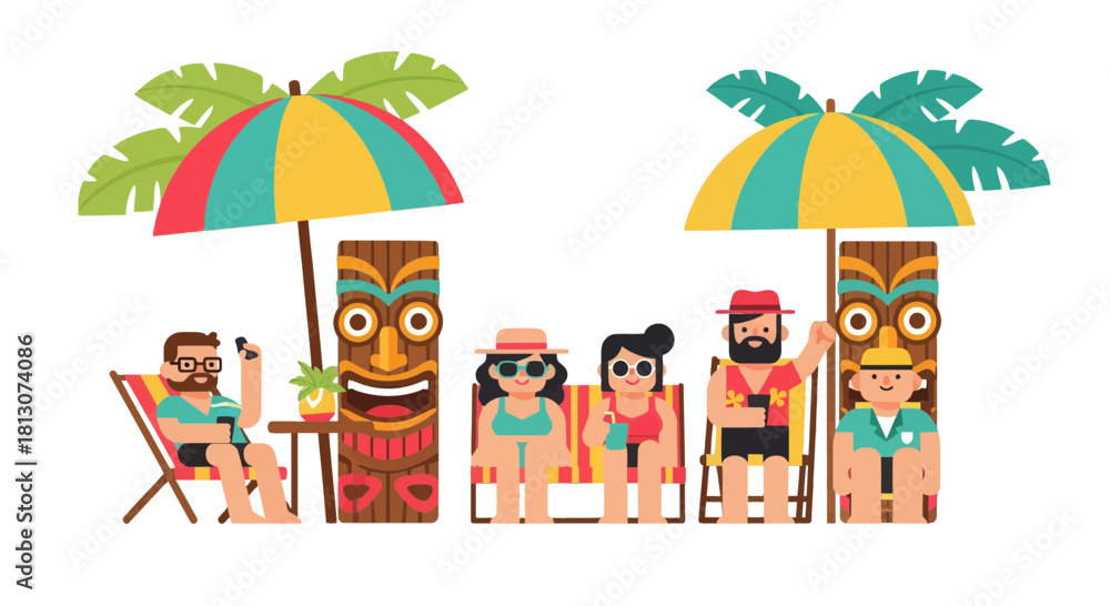 Fototapeta premium Vibrant Beach Scene Depicting Vacationers Relaxing Under Umbrellas And Totem Poles