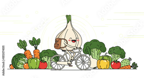 Vegetable Cycling Adventure Featuring Cheerful Garlic and Abundance of Freshness