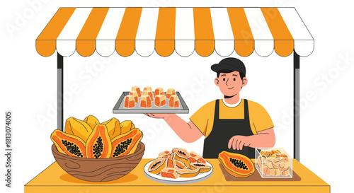 Vendor Selling Fresh Papaya And Papaya-Based Treats At A Market Stall