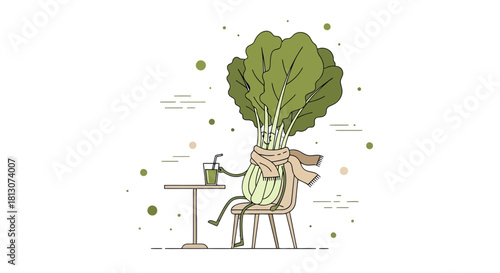 Vegetable Person Sipping Beverage In A Relaxing Setting with Minimalist Design