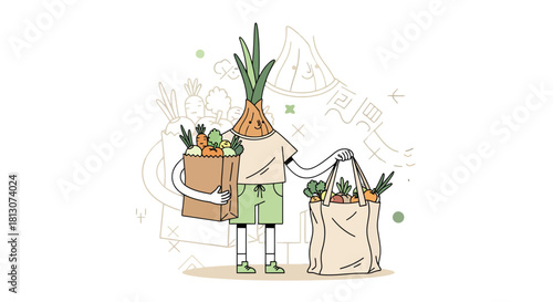 Vegetable Person Illustration Holding Groceries Depicting Healthy Food and Lifestyle Choices