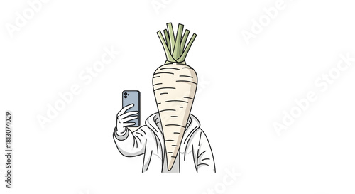 Vegetable Person Taking A Selfie Against A Black Backdrop And White Outfit