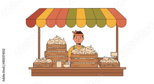 Vendor With Goods Under A Tent Selling Produce In An Outdoor Market Scene