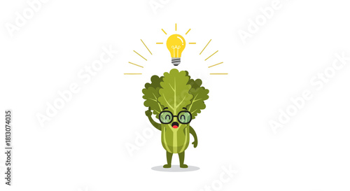 Vegetable Cartoon Character Having An Idea With A Lit Light Bulb Black Background