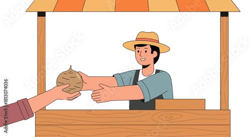 Vendor Selling Fresh Produce at a Farmers Market Booth in a Rustic Scene
