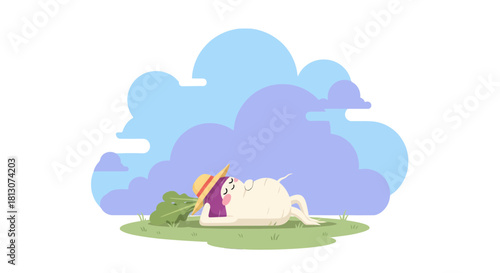 Vegetable Relaxation Under the Dreamy Clouds: An Illustrated Cartoon Scene