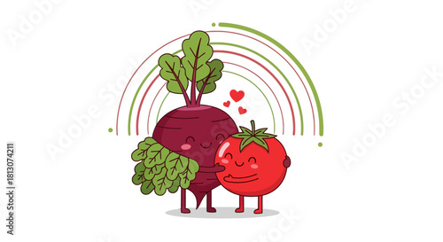 Vegetable Duo Embracing Under a Rainbow: A Cheerful, Playful, And Fresh Illustration