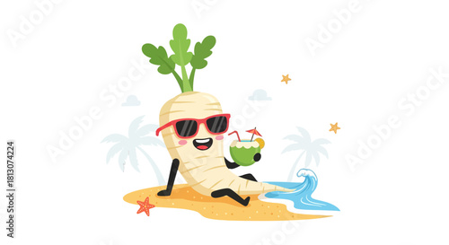 Vegetable Relaxing On Beach, Enjoying Summer Vacation And Drinking Coconut Drink
