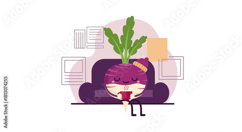 Vegetable Enjoying A Relaxed Moment With Beverage And Warmth In Illustrated Scene