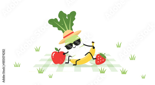 Vegetable Relaxing With Fruit On A Picnic Blanket Under The Sun With Sunglasses