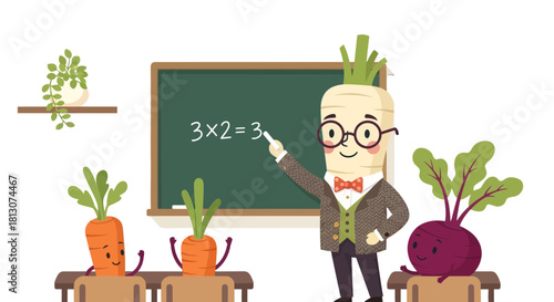 Vegetable Teacher Giving Math Lesson in a Classroom Surrounded by Smiling Carrots and Beets