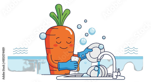 Vegetable Washing Dishes, Cartoon Illustration with Carrot, Bubbles and Fun Concept