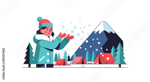 Winter Camping Adventure: Joyful Illustration of a Winter Wonderland Scenery