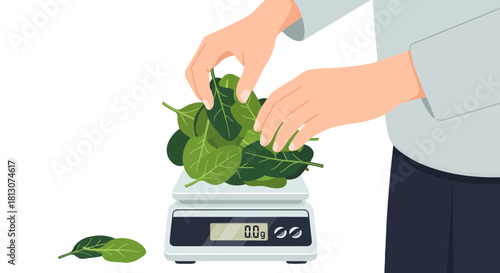 Weighing Fresh Spinach Leaves: A Healthy Food Preparation Illustration