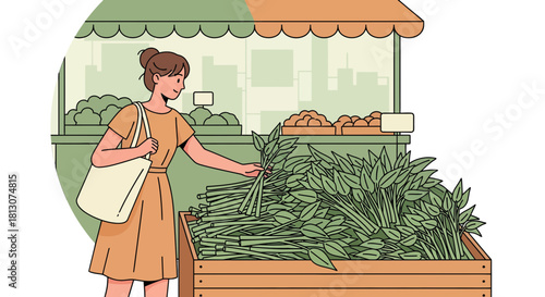 Woman at a Farmers Market Purchasing Fresh Produce In A Sustainable Manner
