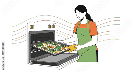Woman Baking Delicious Meal From Oven Cooking Vegetables in Colorful Abstract Style