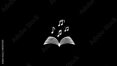 Music education and inspiration concept. Open book with floating musical notes illustration on black background. Creative art and sound.