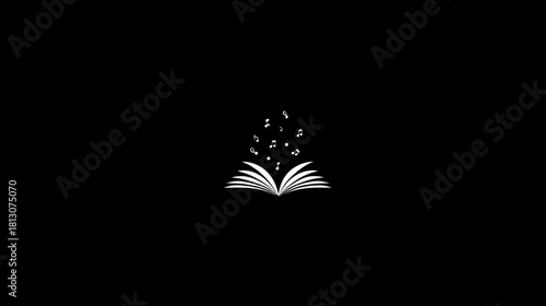Open book with musical notes floating upwards, a creative graphic illustration symbolizing education, literature, and melody.