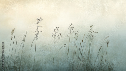 A foggy field of tall grasses with soft, diffused light filtering through the mist, creating a peaceful and dreamy setting, with the horizon barely visible in the haze.