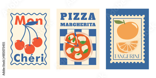 Classic Italy stamp-style poster collection, mediterranean dolce vita graphic poster series, vintage Italian lifestyle poster set