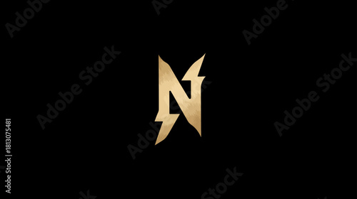 Golden stylized letter N with lightning bolt motif on sleek black background, abstract initial concept, elegant design element.