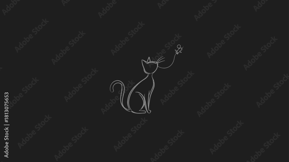 Fototapeta premium Minimalist continuous line art of an elegant cat sitting and watching a butterfly. Simple one-line drawing on dark background.