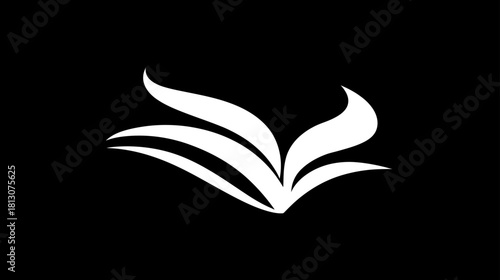 Abstract white stylized bird wings or open book symbol on black background, modern elegant creative design element icon