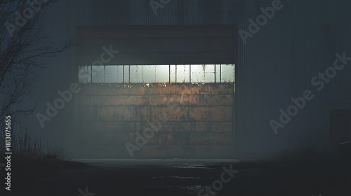 A foggy, mist-covered old warehouse at night, with only the silhouette of its massive, rusted door and the soft glow of distant city lights breaking through the haze.