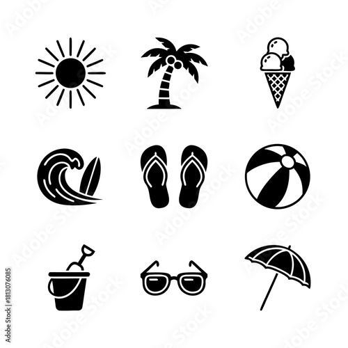 Summer icons set: sun, palm tree, ice cream, wave, flip flops, beach ball, bucket, sunglasses, umbrella