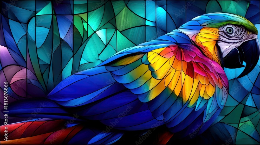 Fototapeta premium A close-up of a colorful parrot with vibrant blue, yellow, and pink feathers, set against a background of geometric stained glass.