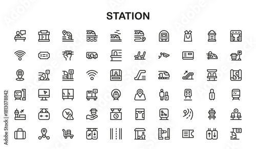 Station and Transport Hub Icons – Modern Line Icon Set Featuring Minimal Design for Transit and Travel Industry