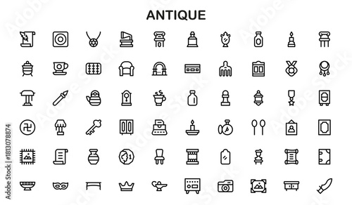 Antique treasures in unique outline art – Professional minimal line icon set