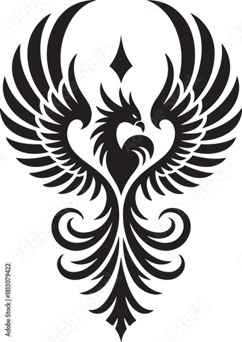 Stylized black phoenix symbol with spread wings and ornate tail