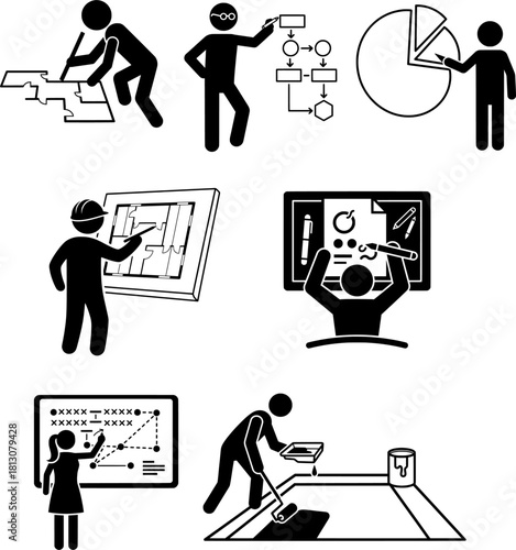 Planning, Design, and Strategy Silhouette Set. Architecture Blueprints, Business Charts, Flowcharts, and Construction Vector Icons.