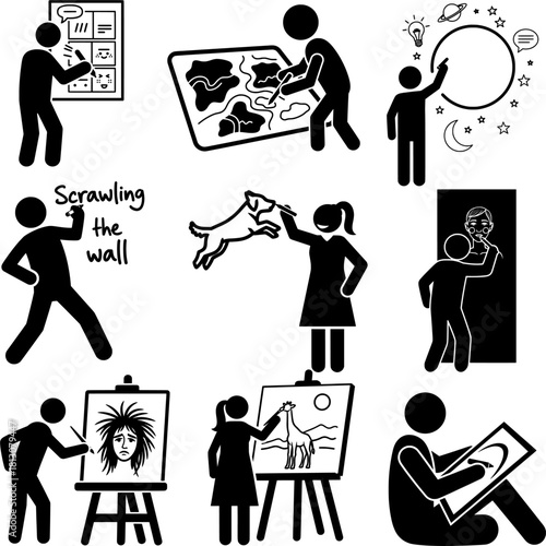 Artist and Creativity Silhouette Set. People Painting, Drawing, Sketching, Designing, and Creating Art Vector Icons.