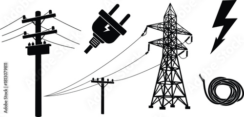 Electric utility pole, power plug, high voltage transmission tower, lightning bolt symbol, electric wire coil and energy line silhouette icons illustration