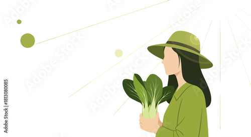 Woman Gardener Holding Bok Choy Under Sunlight In A Minimalist Flat Aesthetic Style
