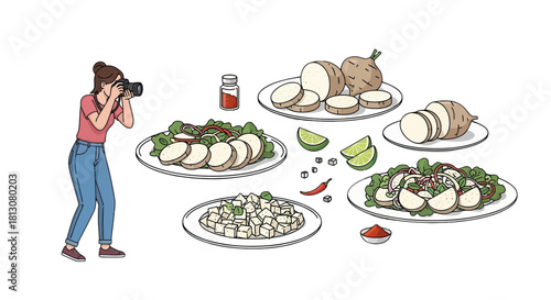Woman Captures Food Plating, Vegetables Arranged on Plates for Culinary Photography