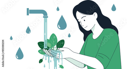 Woman Cares About The Environment And Symbolically Washes Plants With Water