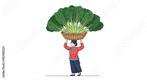 Woman Carrying a Basket of Vegetables, Symbolizing Freshness and Traditional Harvest