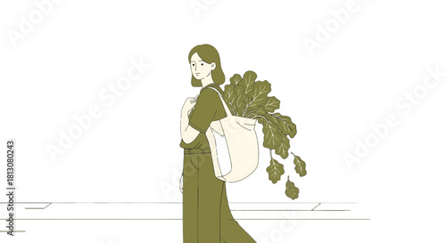 Woman Carrying Fresh Greens in a Bag: A Minimalist Conceptual Illustration