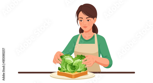 Woman Composing Fresh Lettuce Sandwich: A Culinary Display On Black Background Presentation