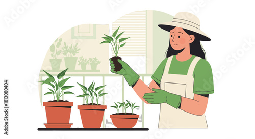 Woman Cultivating Plants Indoors Enjoys Gardening Hobby Caring For Growing Greenery