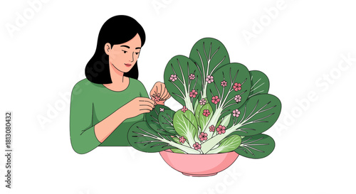 Woman Decorating a Bok Choy Plant With Pink Flowers Inside a Pink Bowl