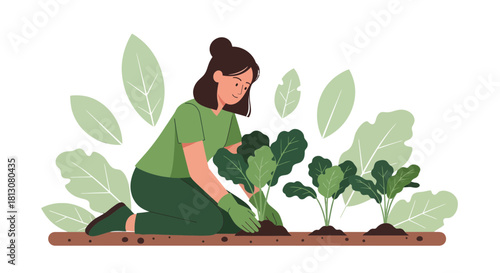 Woman Cultivating Young Plants In Soil, Surrounded By Green Foliage, Gardening Theme