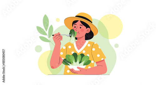 Woman Delightfully Eating Fresh Greens and Embracing A Wholesome Lifestyle Concept