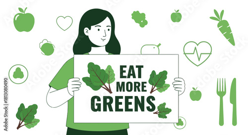 Woman Displays Message Promoting Healthy Eating of Fresh, Green Vegetables and Fruits