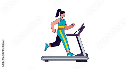 Woman Exercising On The Treadmill: Animated Illustration Depicting Fitness And Wellness