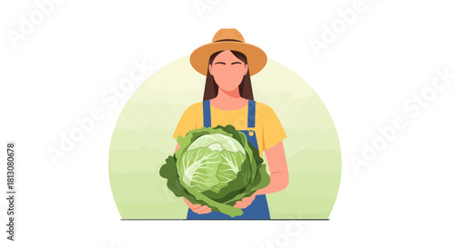 Woman Farmer Holding Fresh Cabbage Depicted In A Flat Illustration Style