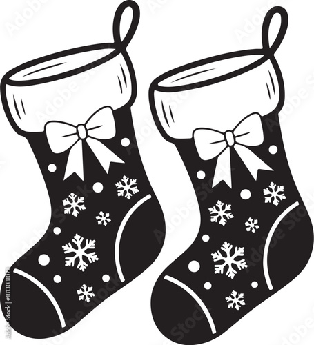 Hand drawn christmas stockings with snowflakes and bows